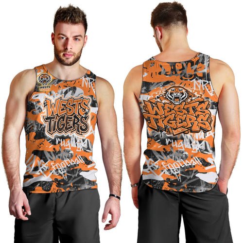Wests Tigers Rugby Men Tank Top Graffiti Typography Urban Camo Abstract Street Style