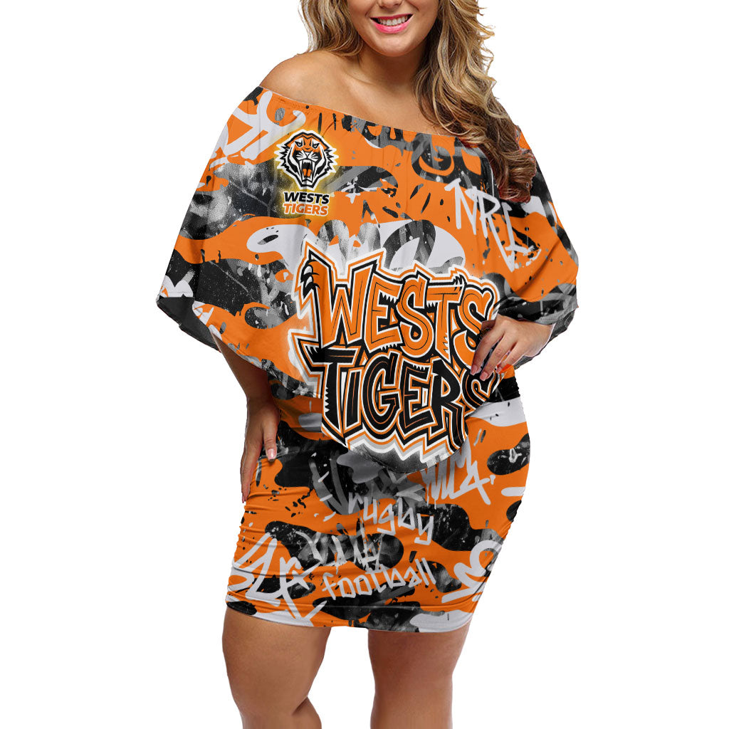 Wests Tigers Rugby Off Shoulder Short Dress Graffiti Typography Urban Camo Abstract Street Style