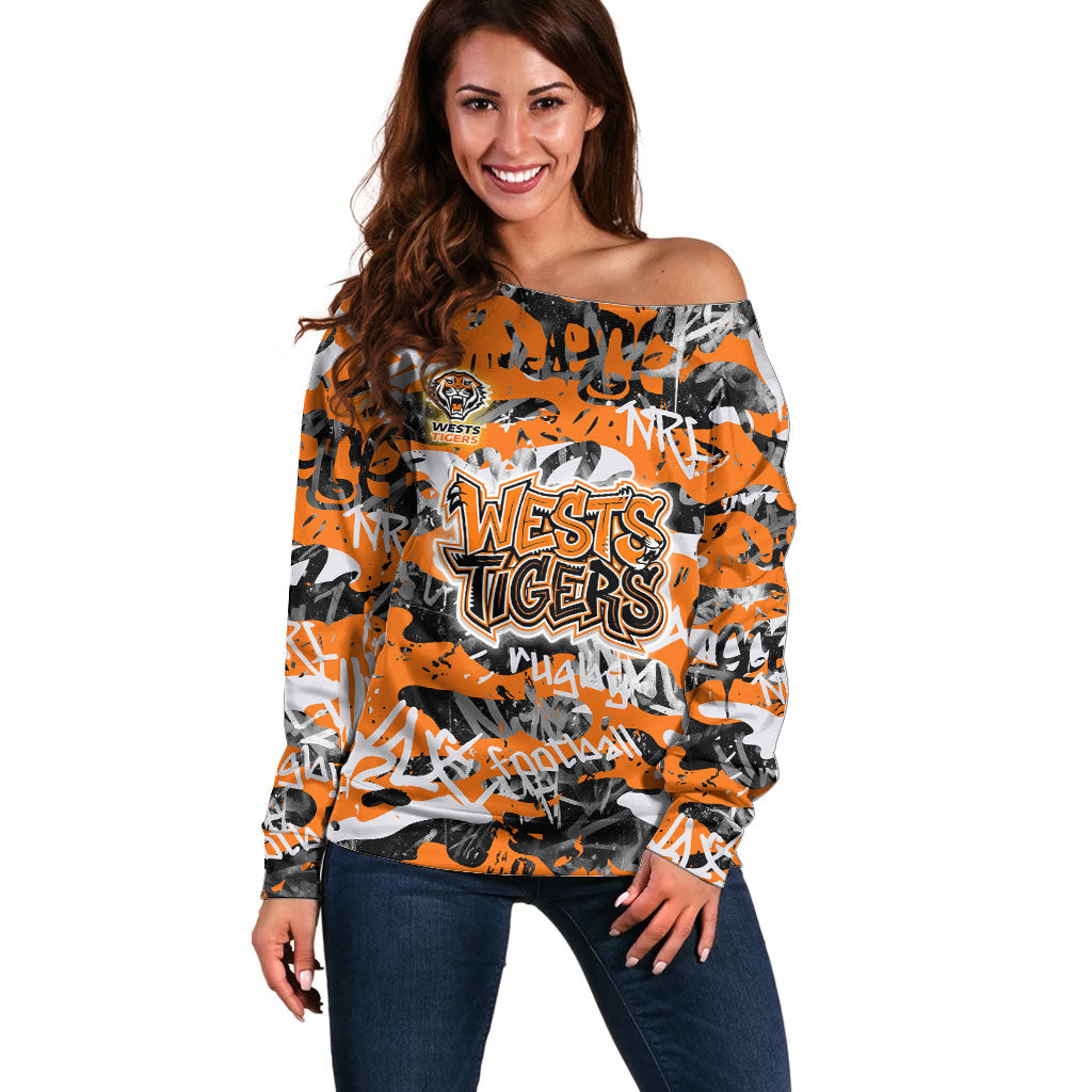 Wests Tigers Rugby Off Shoulder Sweater Graffiti Typography Urban Camo Abstract Street Style