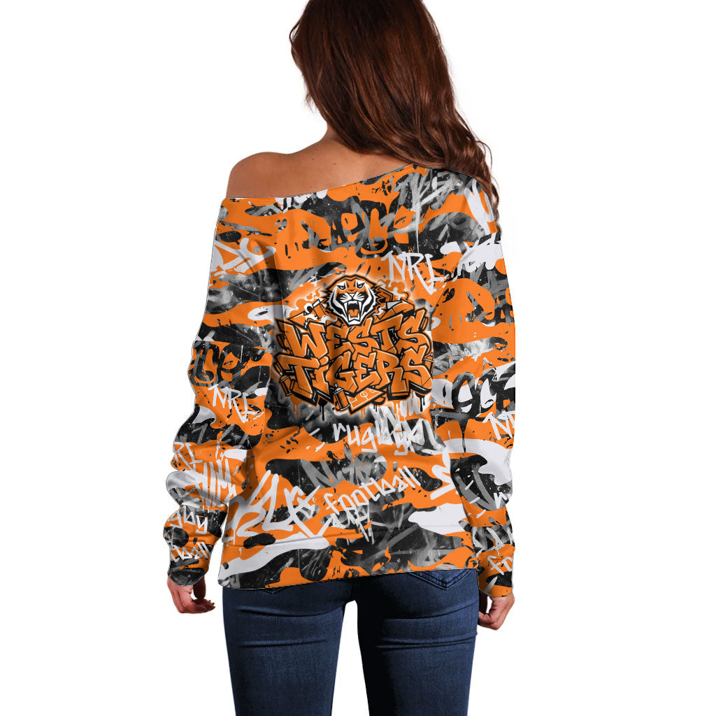 Wests Tigers Rugby Off Shoulder Sweater Graffiti Typography Urban Camo Abstract Street Style