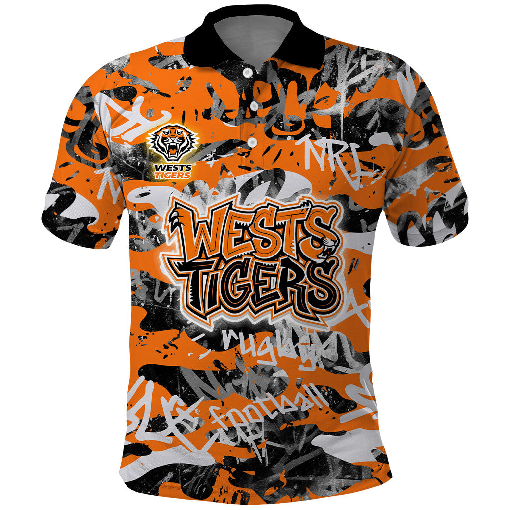 Wests Tigers Rugby Polo Shirt Graffiti Typography Urban Camo Abstract Street Style