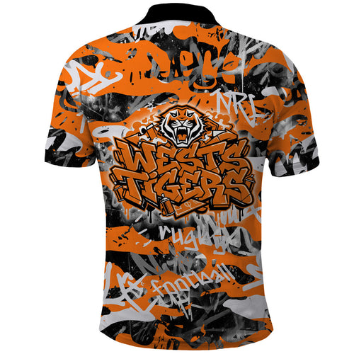 Wests Tigers Rugby Polo Shirt Graffiti Typography Urban Camo Abstract Street Style