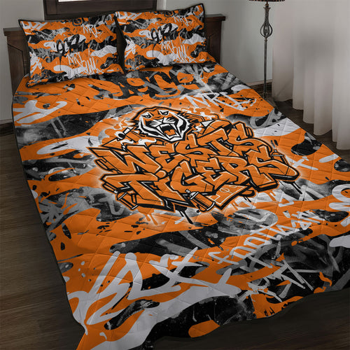 Wests Tigers Rugby Quilt Bed Set Graffiti Typography Urban Camo Abstract Street Style