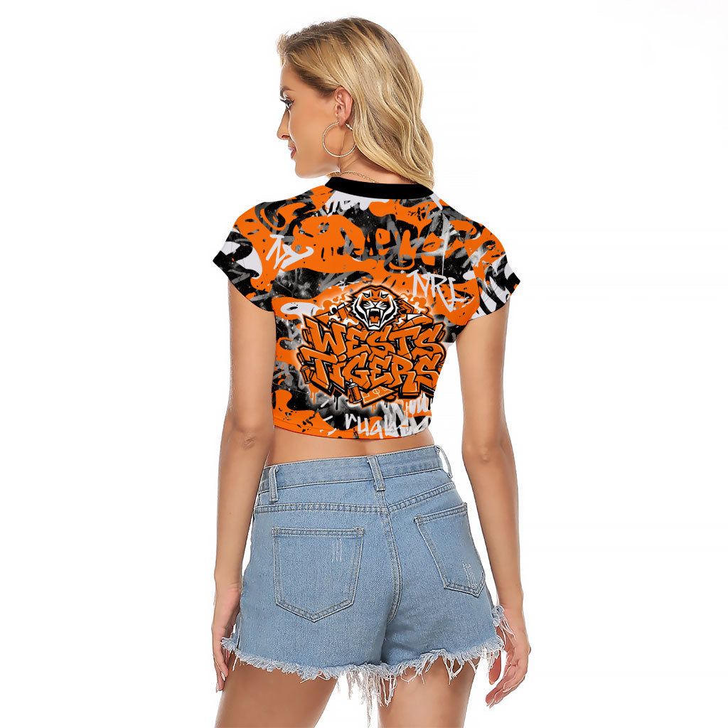Wests Tigers Rugby Raglan Cropped T Shirt Graffiti Typography Urban Camo Abstract Street Style