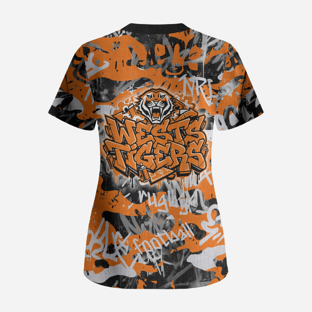 Wests Tigers Rugby Scrub Top Graffiti Typography Urban Camo Abstract Street Style
