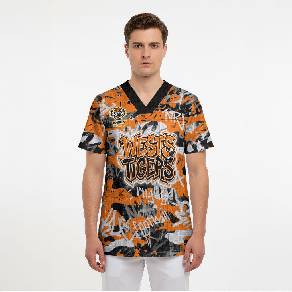Wests Tigers Rugby Scrub Top Graffiti Typography Urban Camo Abstract Street Style