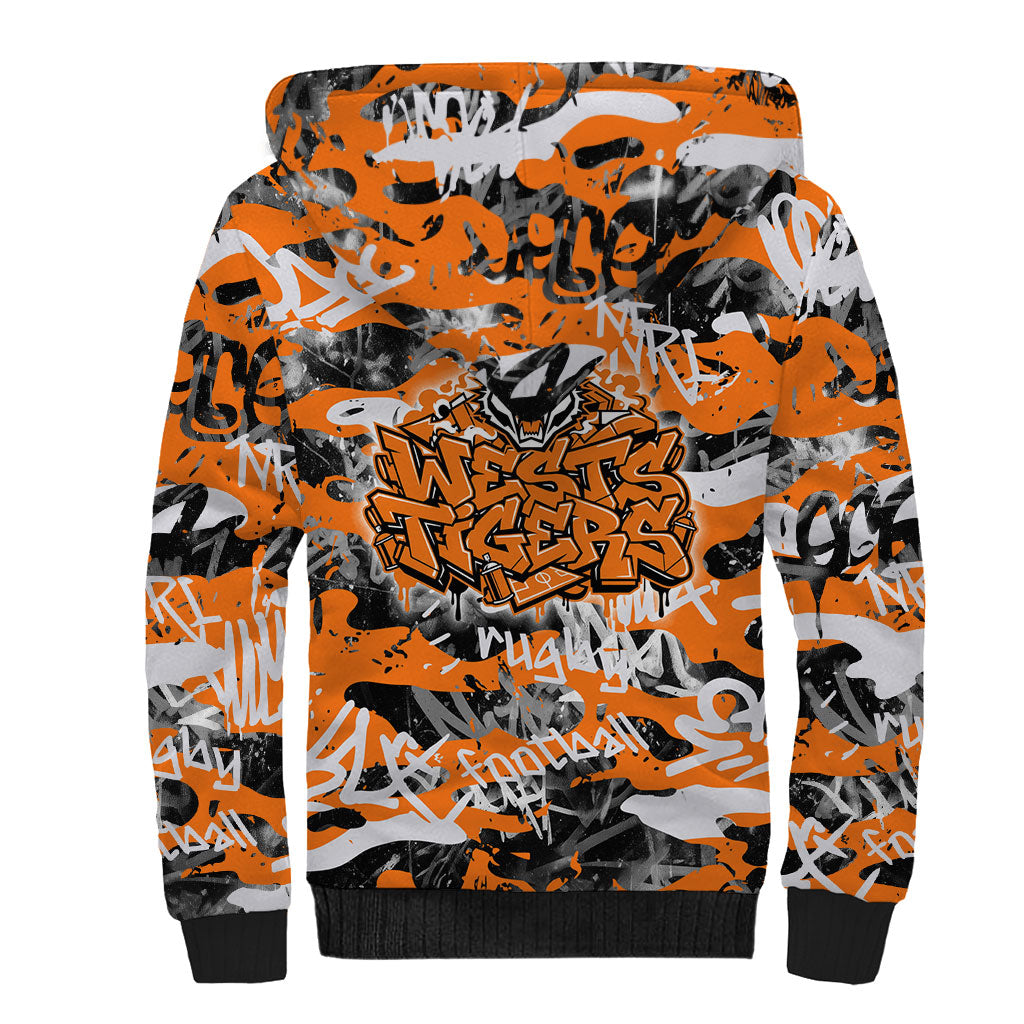 Wests Tigers Rugby Sherpa Hoodie Graffiti Typography Urban Camo Abstract Street Style