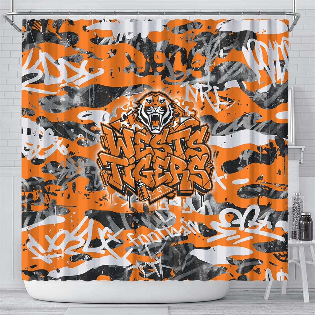 Wests Tigers Rugby Shower Curtain Graffiti Typography Urban Camo Abstract Street Style