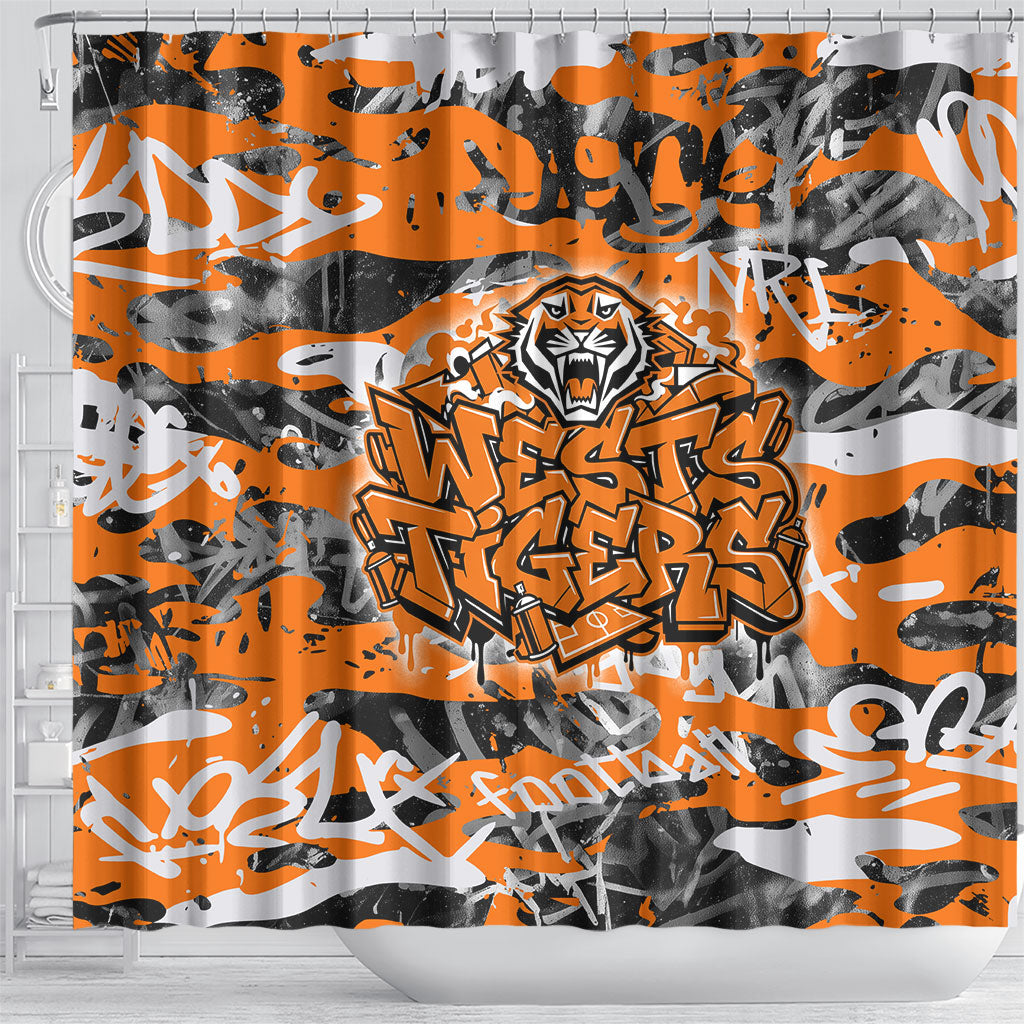 Wests Tigers Rugby Shower Curtain Graffiti Typography Urban Camo Abstract Street Style