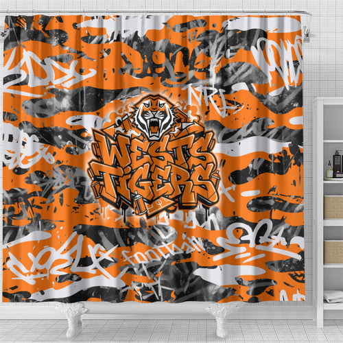 Wests Tigers Rugby Shower Curtain Graffiti Typography Urban Camo Abstract Street Style
