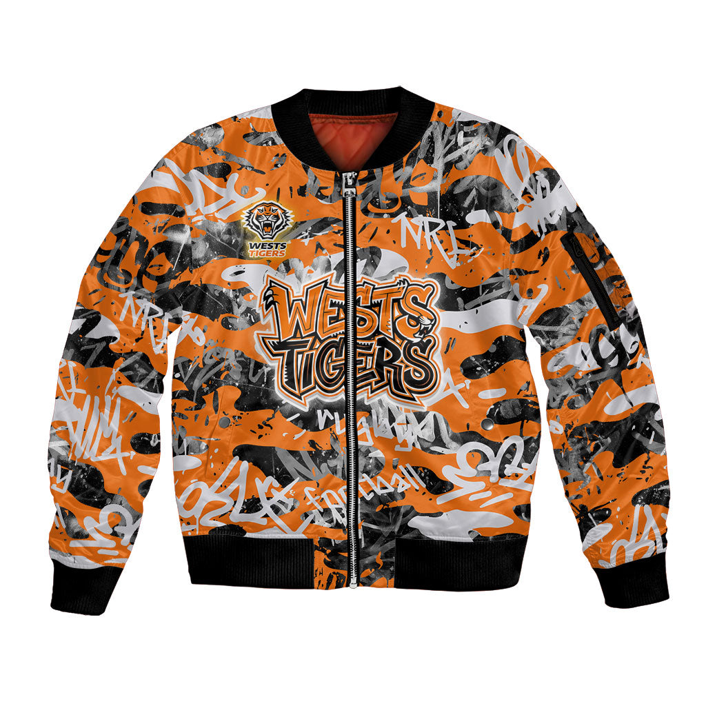Wests Tigers Rugby Sleeve Zip Bomber Jacket Graffiti Typography Urban Camo Abstract Street Style