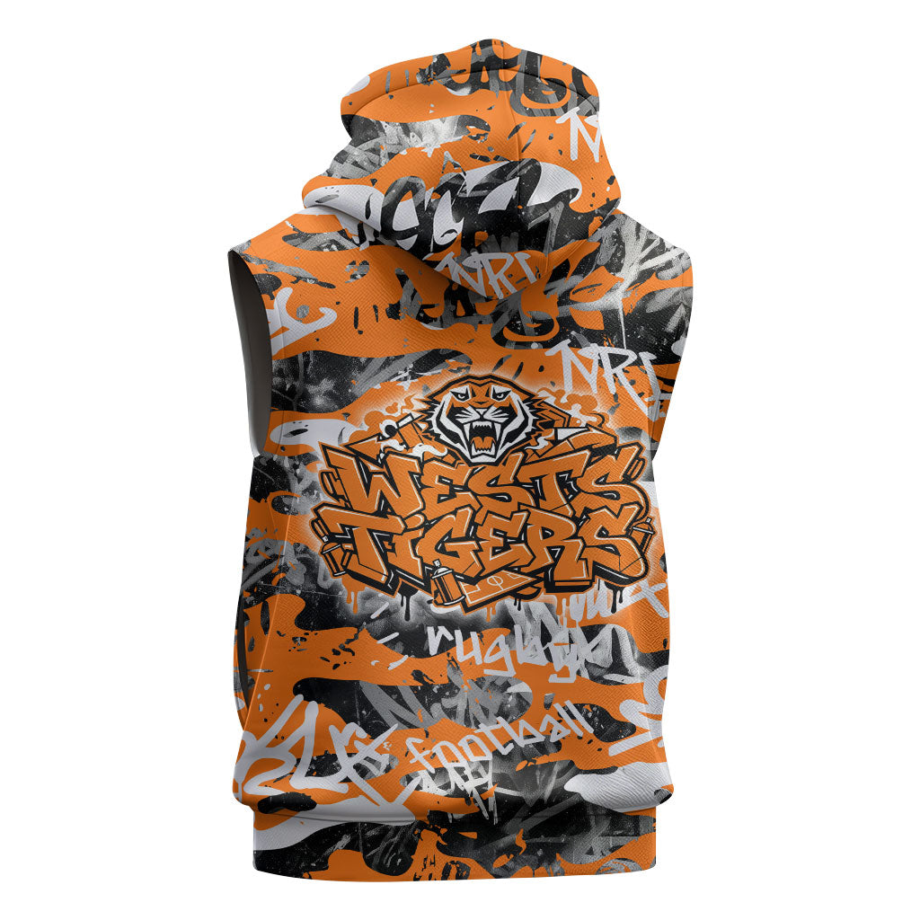 Wests Tigers Rugby Sleeveless Hoodie Graffiti Typography Urban Camo Abstract Street Style