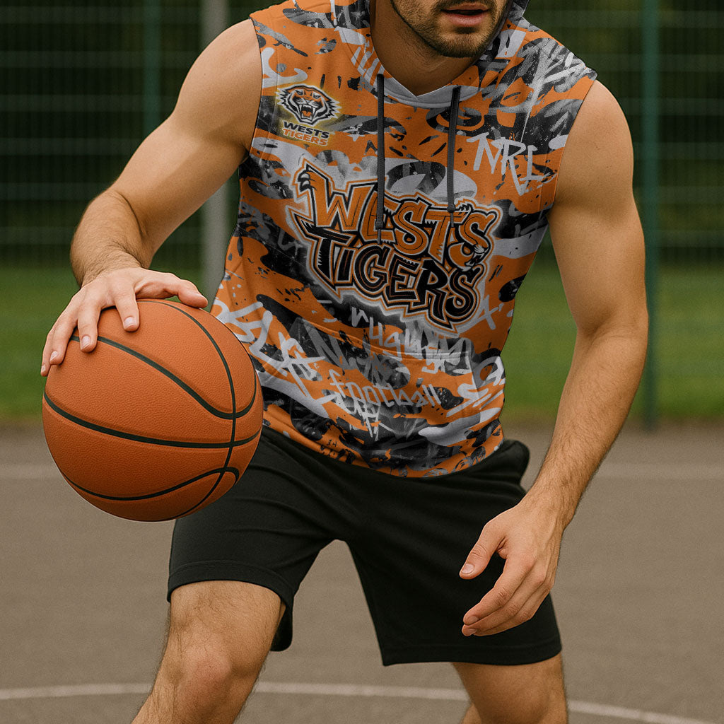 Wests Tigers Rugby Sleeveless Hoodie Graffiti Typography Urban Camo Abstract Street Style
