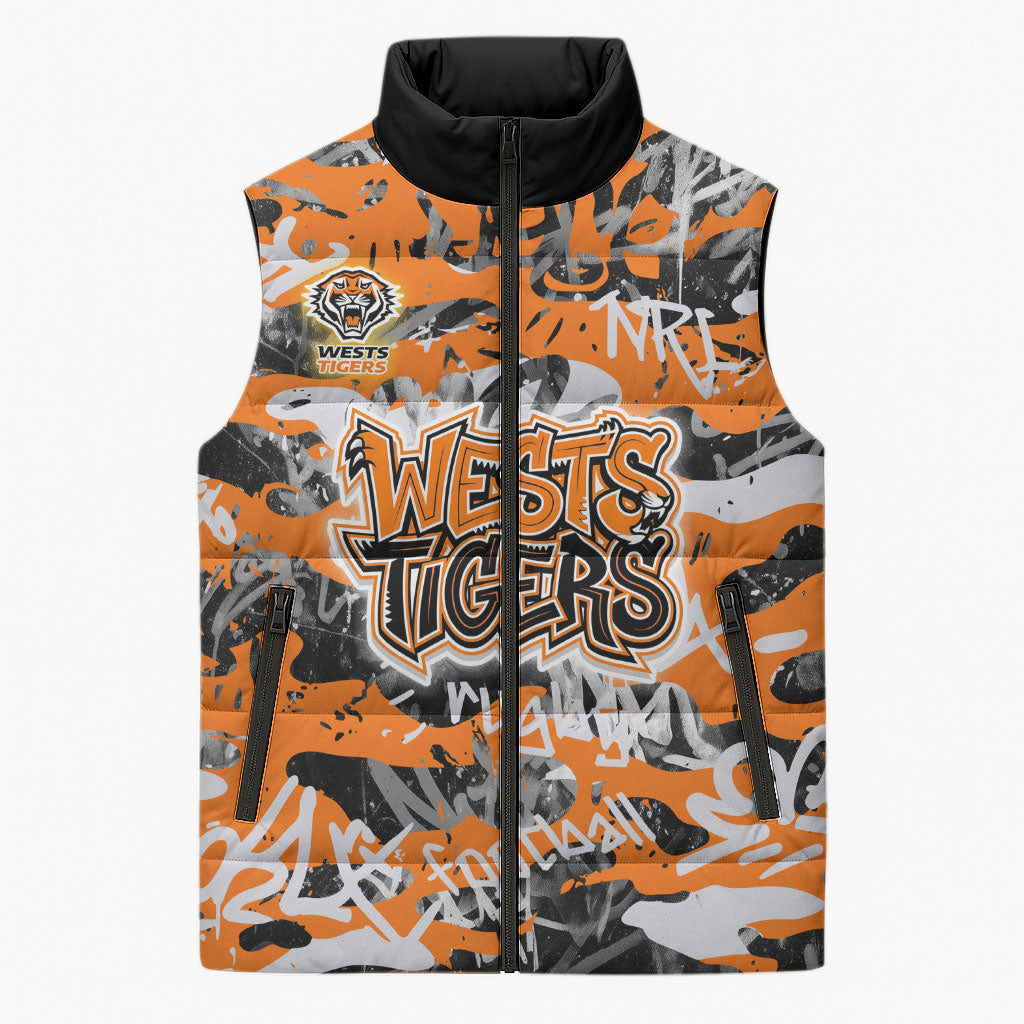 Wests Tigers Rugby Sleeveless Puffer Jacket Graffiti Typography Urban Camo Abstract Street Style