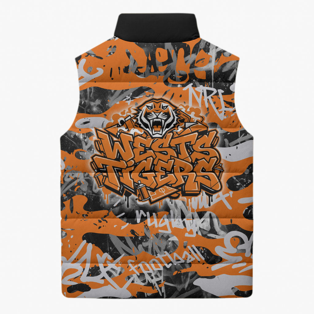 Wests Tigers Rugby Sleeveless Puffer Jacket Graffiti Typography Urban Camo Abstract Street Style