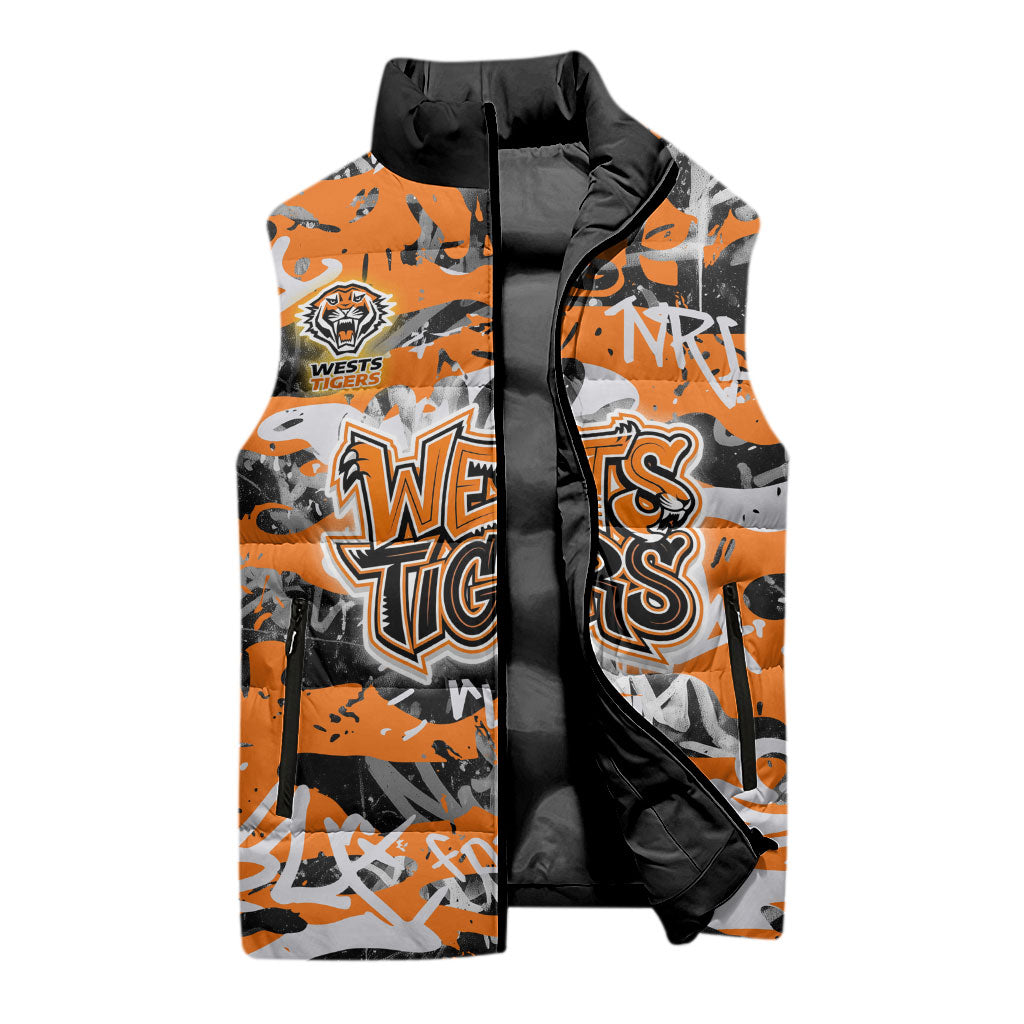Wests Tigers Rugby Sleeveless Puffer Jacket Graffiti Typography Urban Camo Abstract Street Style