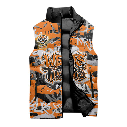 Wests Tigers Rugby Sleeveless Puffer Jacket Graffiti Typography Urban Camo Abstract Street Style