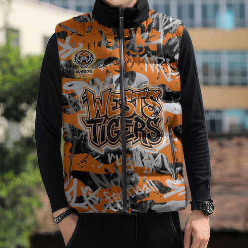 Wests Tigers Rugby Sleeveless Puffer Jacket Graffiti Typography Urban Camo Abstract Street Style