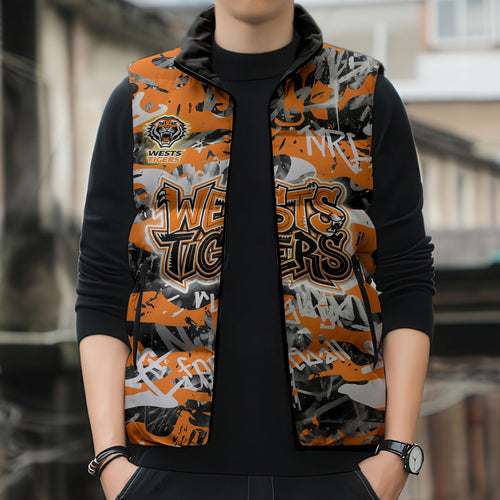 Wests Tigers Rugby Sleeveless Puffer Jacket Graffiti Typography Urban Camo Abstract Street Style