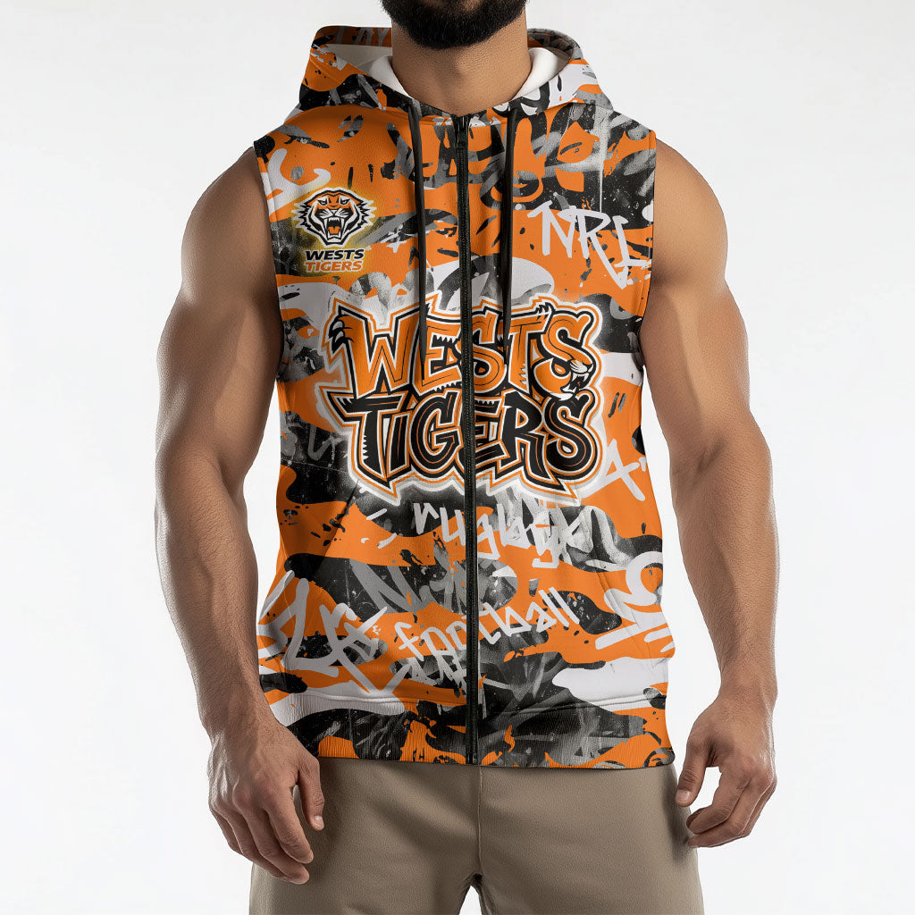 Wests Tigers Rugby Sleeveless Zip Hoodie Graffiti Typography Urban Camo Abstract Street Style