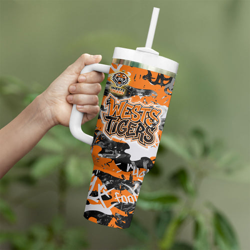 Wests Tigers Rugby Tumbler With Handle Graffiti Typography Urban Camo Abstract Street Style