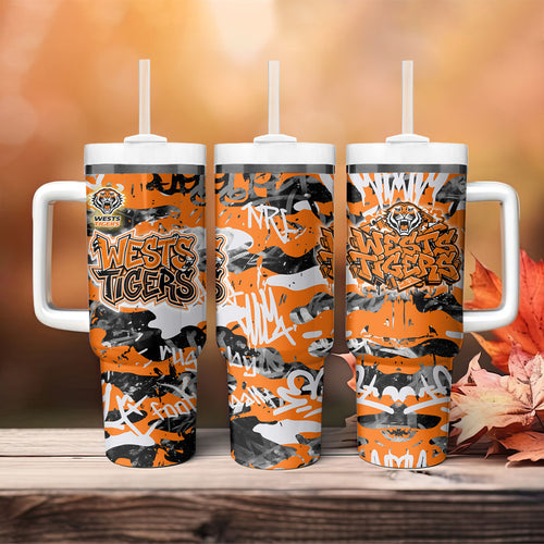 Wests Tigers Rugby Tumbler With Handle Graffiti Typography Urban Camo Abstract Street Style