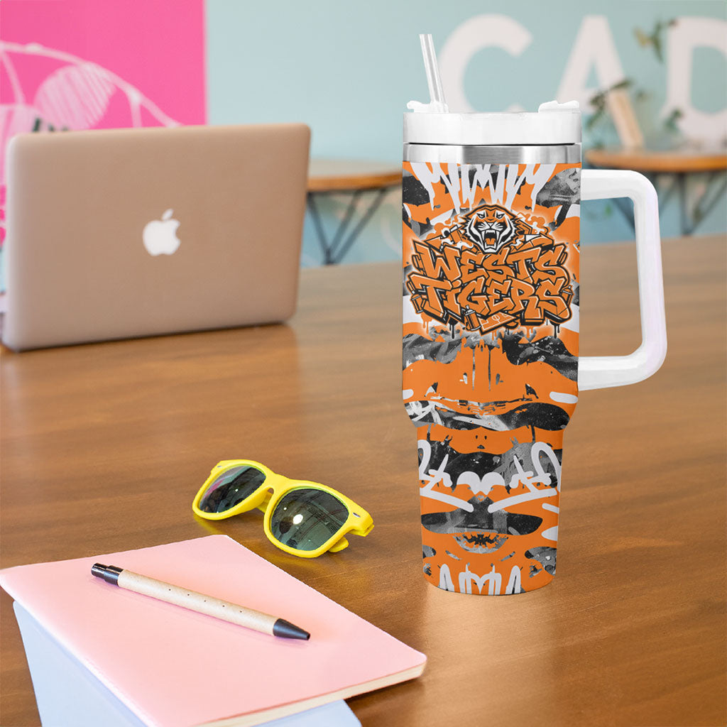 Wests Tigers Rugby Tumbler With Handle Graffiti Typography Urban Camo Abstract Street Style