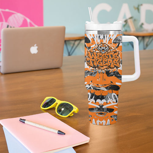 Wests Tigers Rugby Tumbler With Handle Graffiti Typography Urban Camo Abstract Street Style