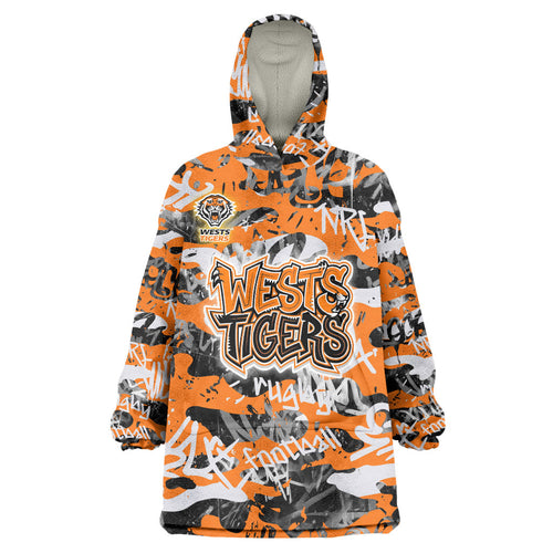 Wests Tigers Rugby Wearable Blanket Hoodie Graffiti Typography Urban Camo Abstract Street Style