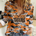 Wests Tigers Rugby Women Casual Shirt Graffiti Typography Urban Camo Abstract Street Style