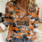 Wests Tigers Rugby Women Casual Shirt Graffiti Typography Urban Camo Abstract Street Style