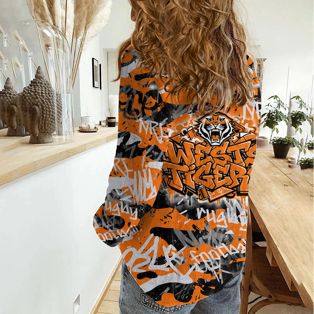 Wests Tigers Rugby Women Casual Shirt Graffiti Typography Urban Camo Abstract Street Style