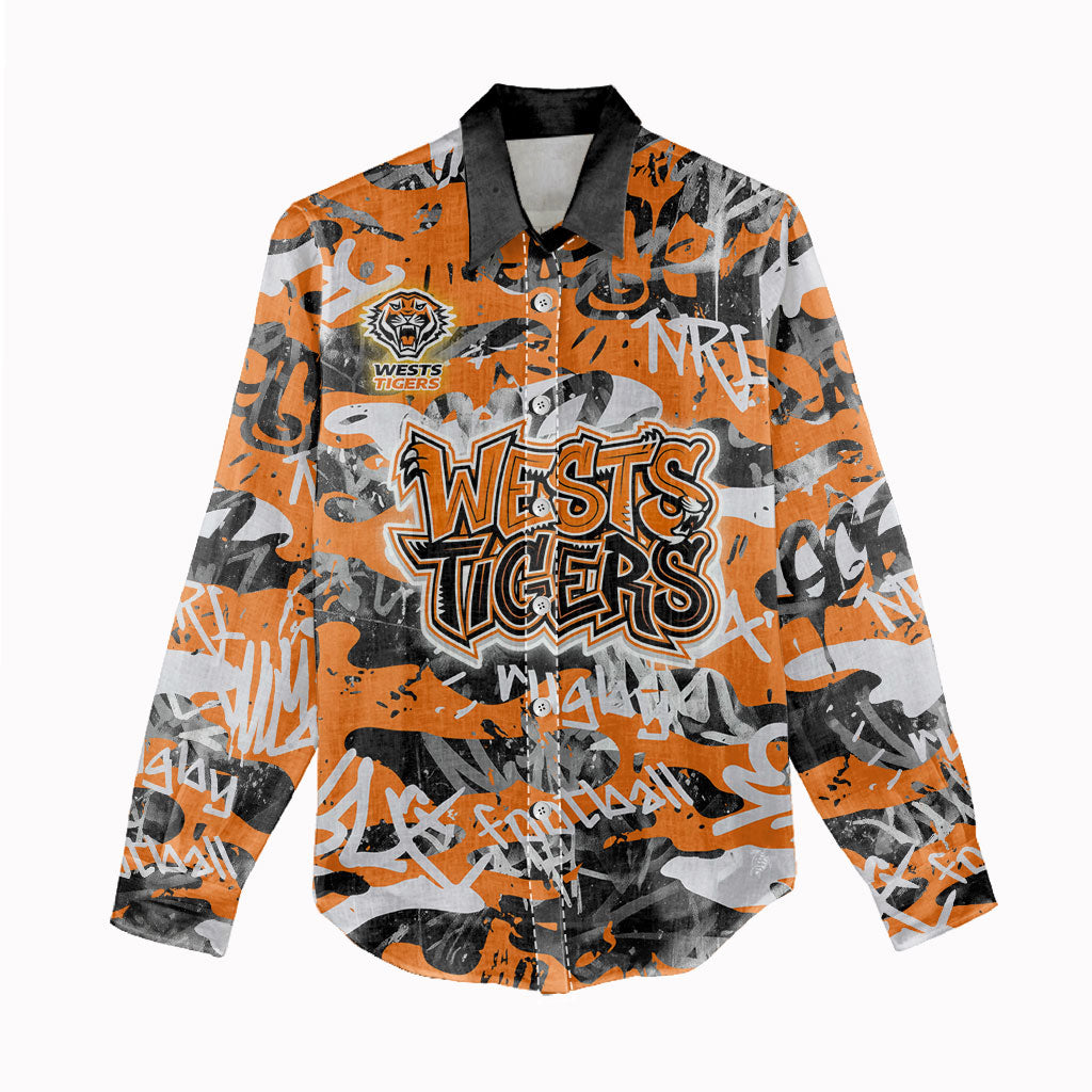 Wests Tigers Rugby Women Casual Shirt Graffiti Typography Urban Camo Abstract Street Style