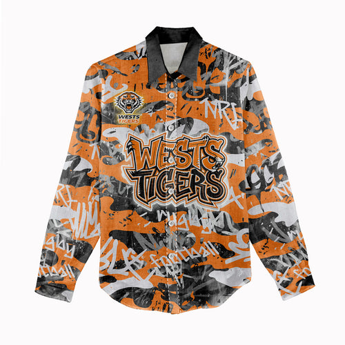 Wests Tigers Rugby Women Casual Shirt Graffiti Typography Urban Camo Abstract Street Style