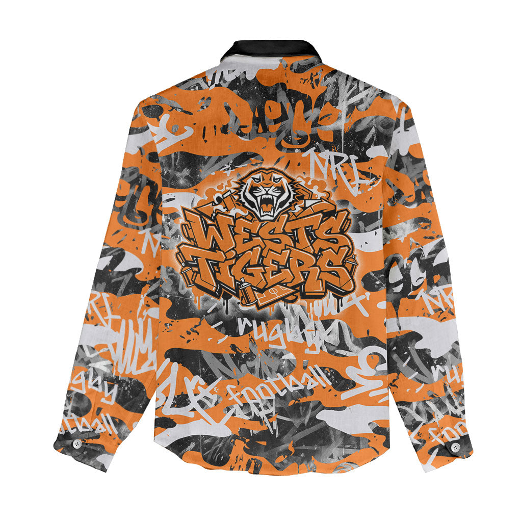 Wests Tigers Rugby Women Casual Shirt Graffiti Typography Urban Camo Abstract Street Style