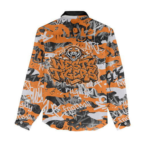 Wests Tigers Rugby Women Casual Shirt Graffiti Typography Urban Camo Abstract Street Style