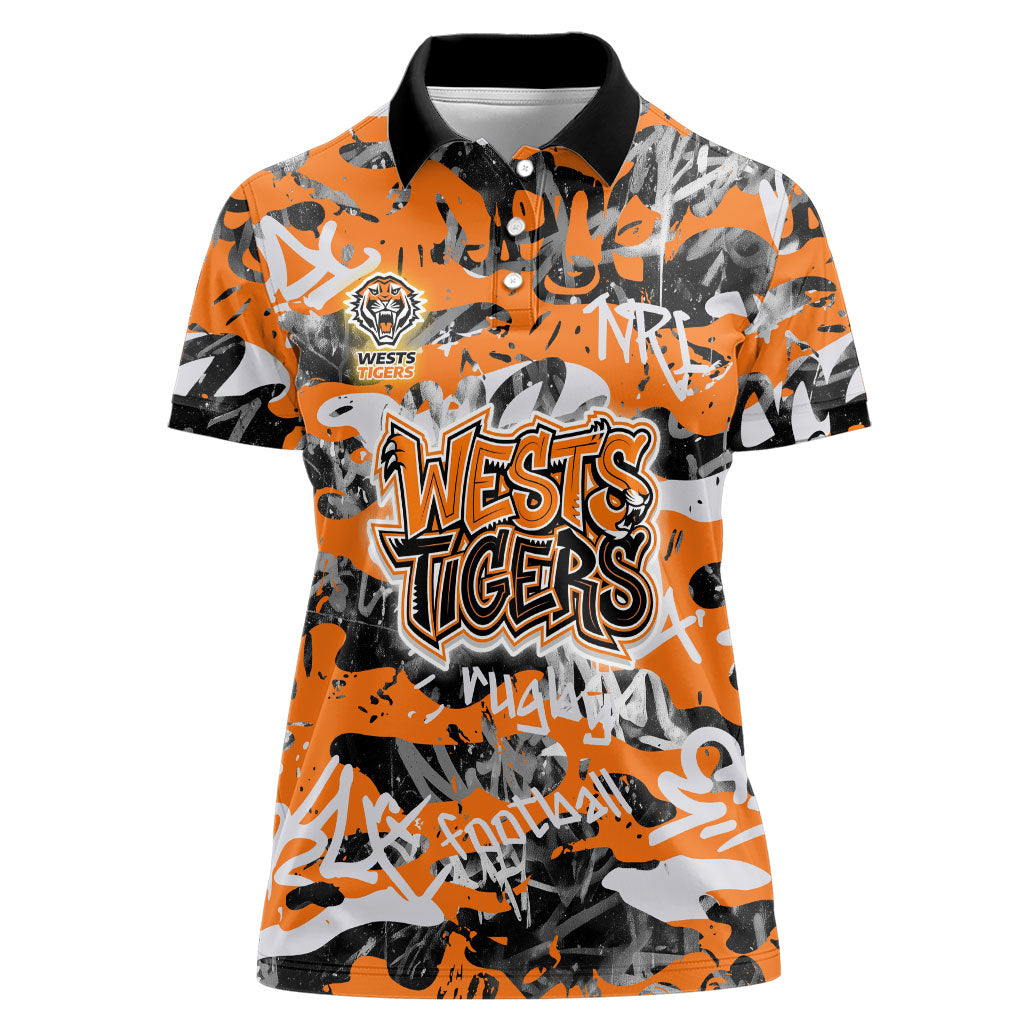 Wests Tigers Rugby Women Polo Shirt Graffiti Typography Urban Camo Abstract Street Style