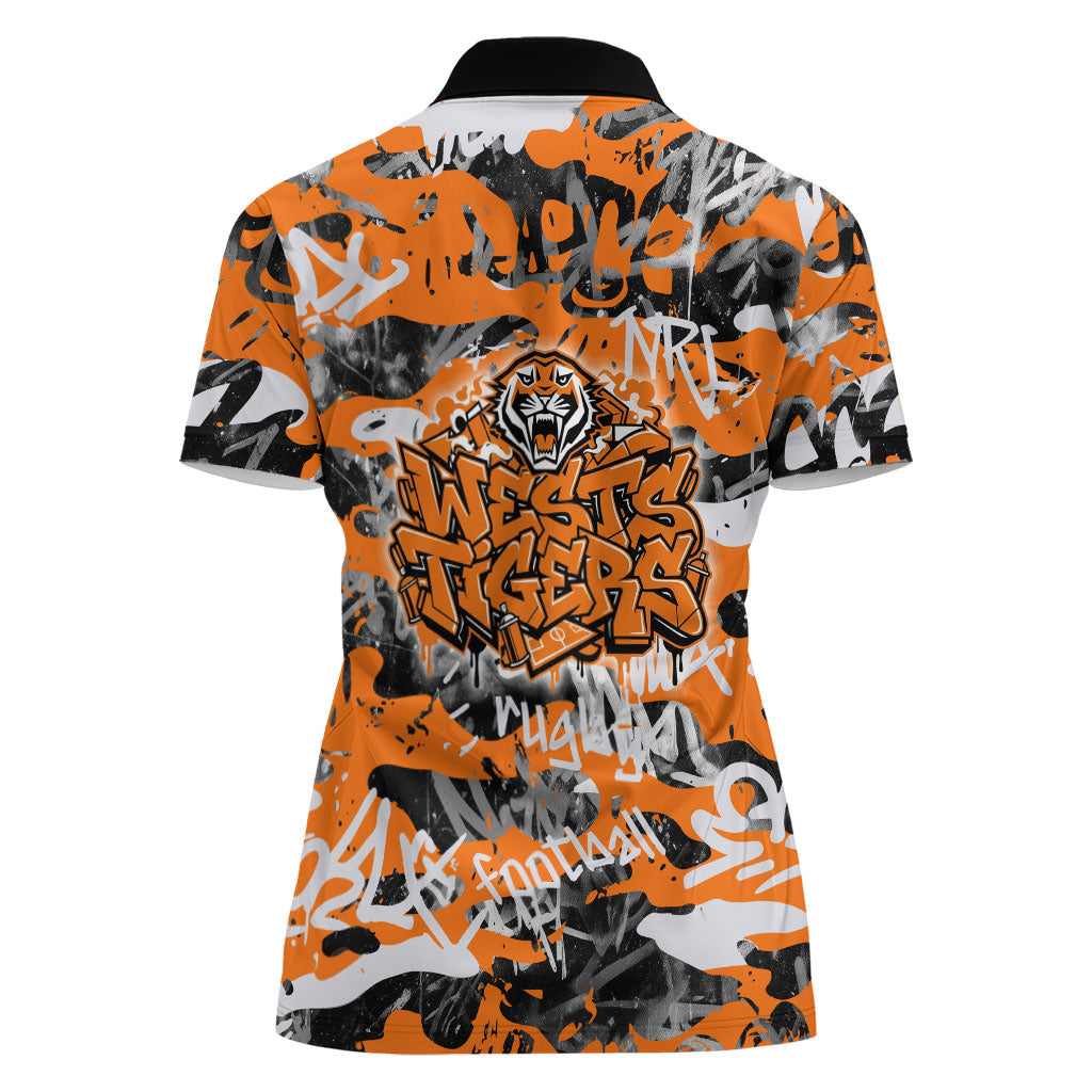 Wests Tigers Rugby Women Polo Shirt Graffiti Typography Urban Camo Abstract Street Style