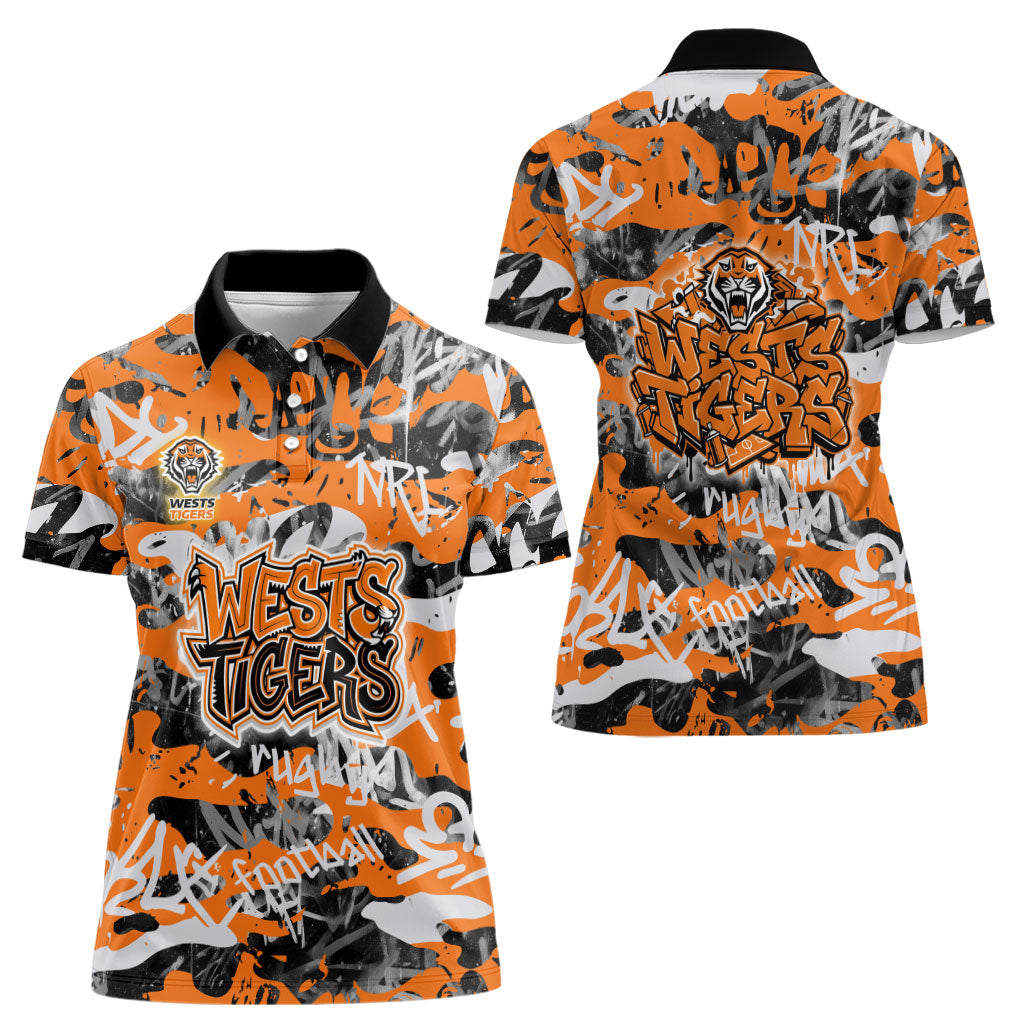 Wests Tigers Rugby Women Polo Shirt Graffiti Typography Urban Camo Abstract Street Style