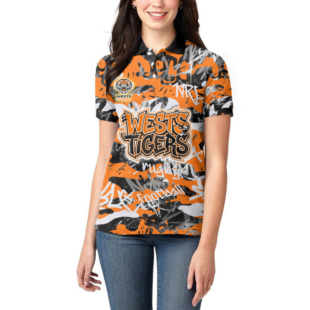 Wests Tigers Rugby Women Polo Shirt Graffiti Typography Urban Camo Abstract Street Style