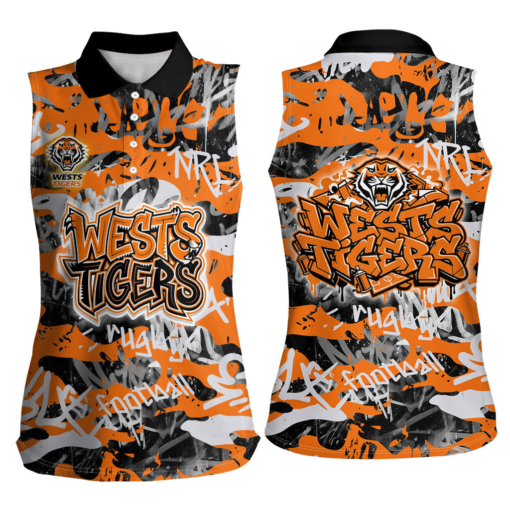Wests Tigers Rugby Women Sleeveless Polo Shirt Graffiti Typography Urban Camo Abstract Street Style