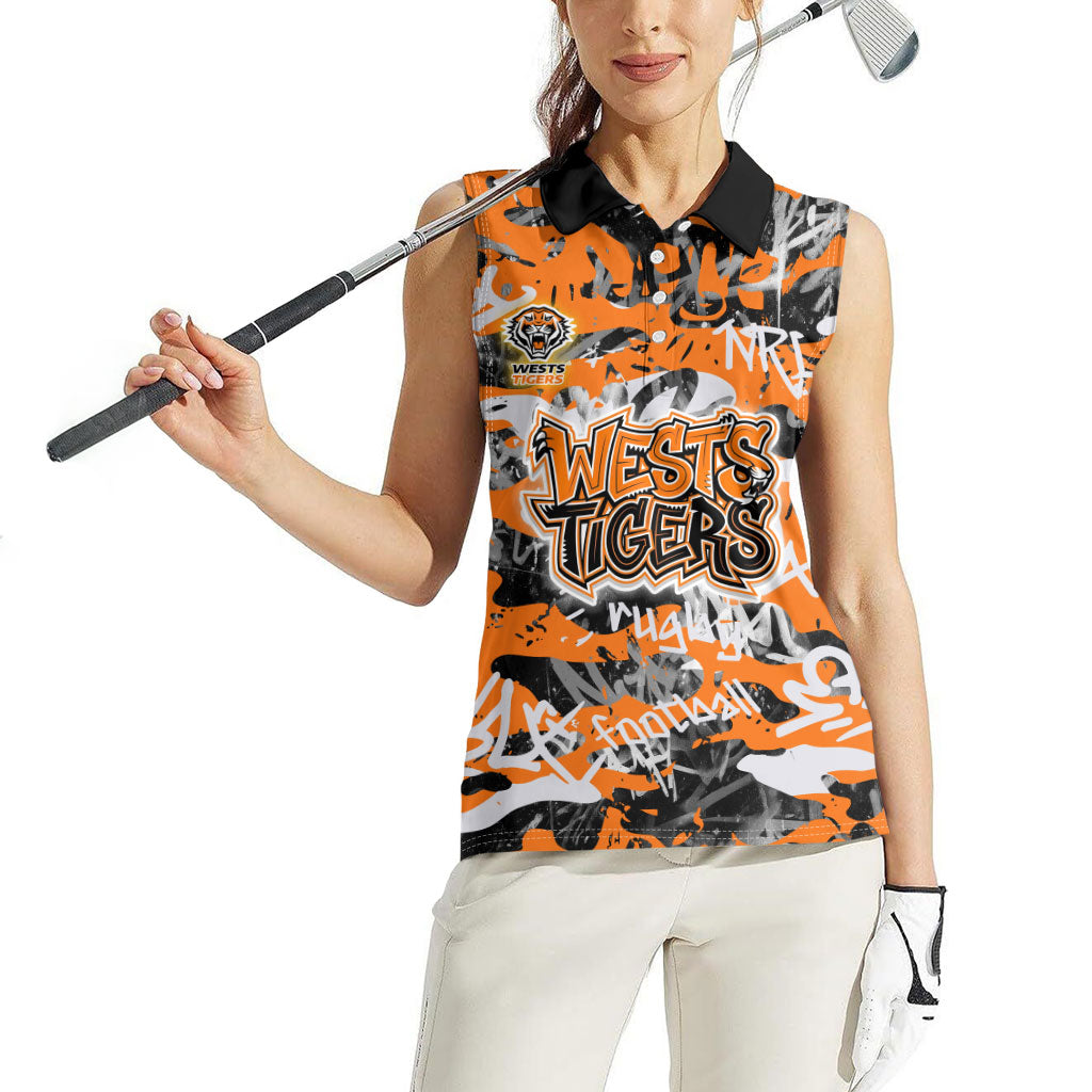 Wests Tigers Rugby Women Sleeveless Polo Shirt Graffiti Typography Urban Camo Abstract Street Style