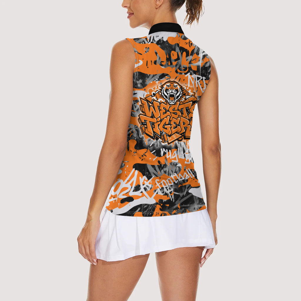 Wests Tigers Rugby Women Sleeveless Polo Shirt Graffiti Typography Urban Camo Abstract Street Style