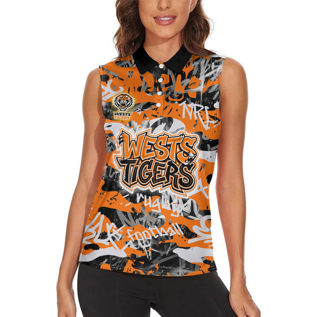 Wests Tigers Rugby Women Sleeveless Polo Shirt Graffiti Typography Urban Camo Abstract Street Style