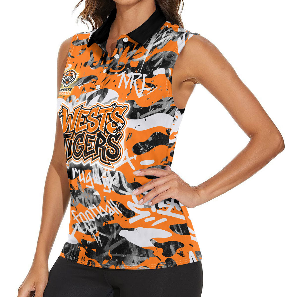 Wests Tigers Rugby Women Sleeveless Polo Shirt Graffiti Typography Urban Camo Abstract Street Style
