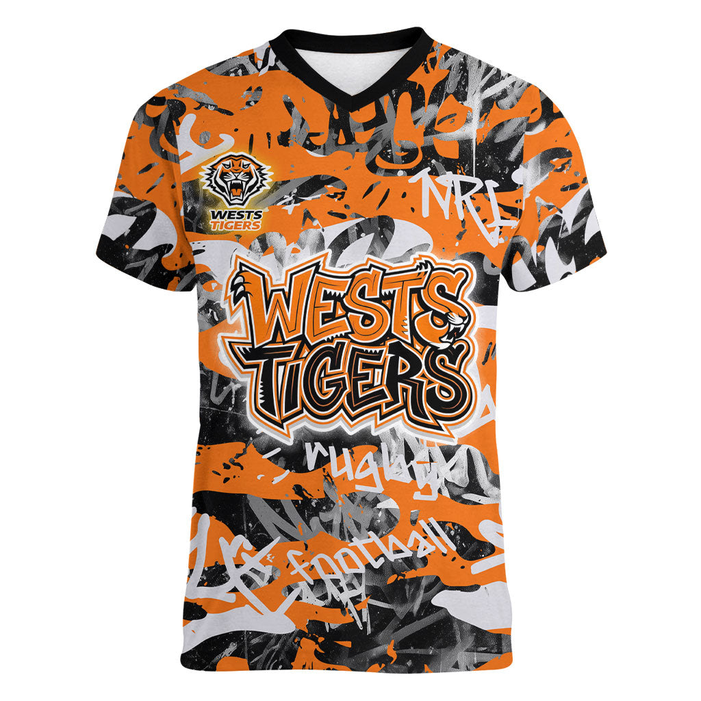 Wests Tigers Rugby Women V-Neck T-Shirt Graffiti Typography Urban Camo Abstract Street Style