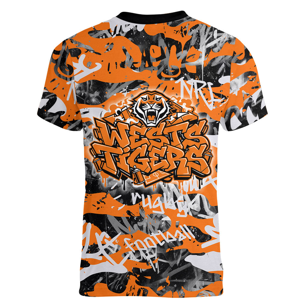 Wests Tigers Rugby Women V-Neck T-Shirt Graffiti Typography Urban Camo Abstract Street Style