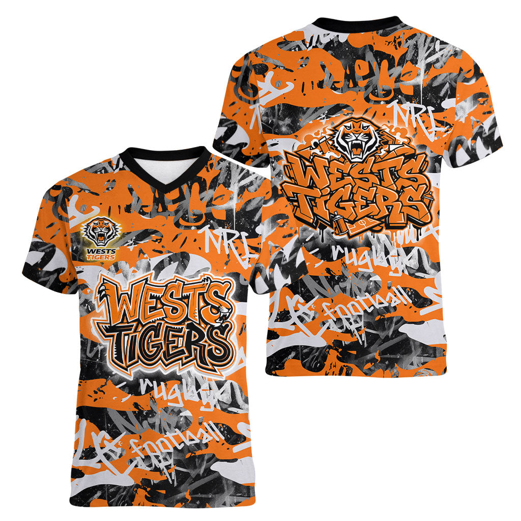 Wests Tigers Rugby Women V-Neck T-Shirt Graffiti Typography Urban Camo Abstract Street Style