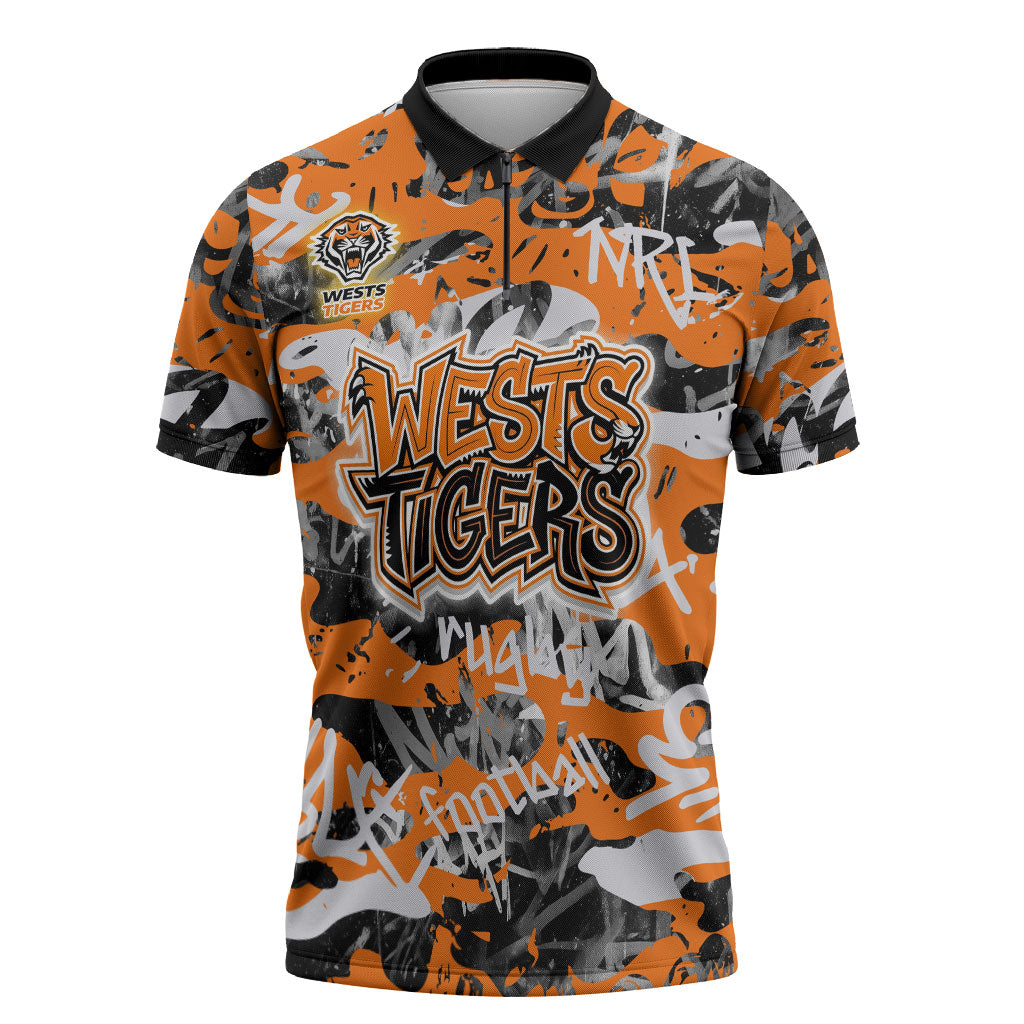 Wests Tigers Rugby Zipper Polo Shirt Graffiti Typography Urban Camo Abstract Street Style