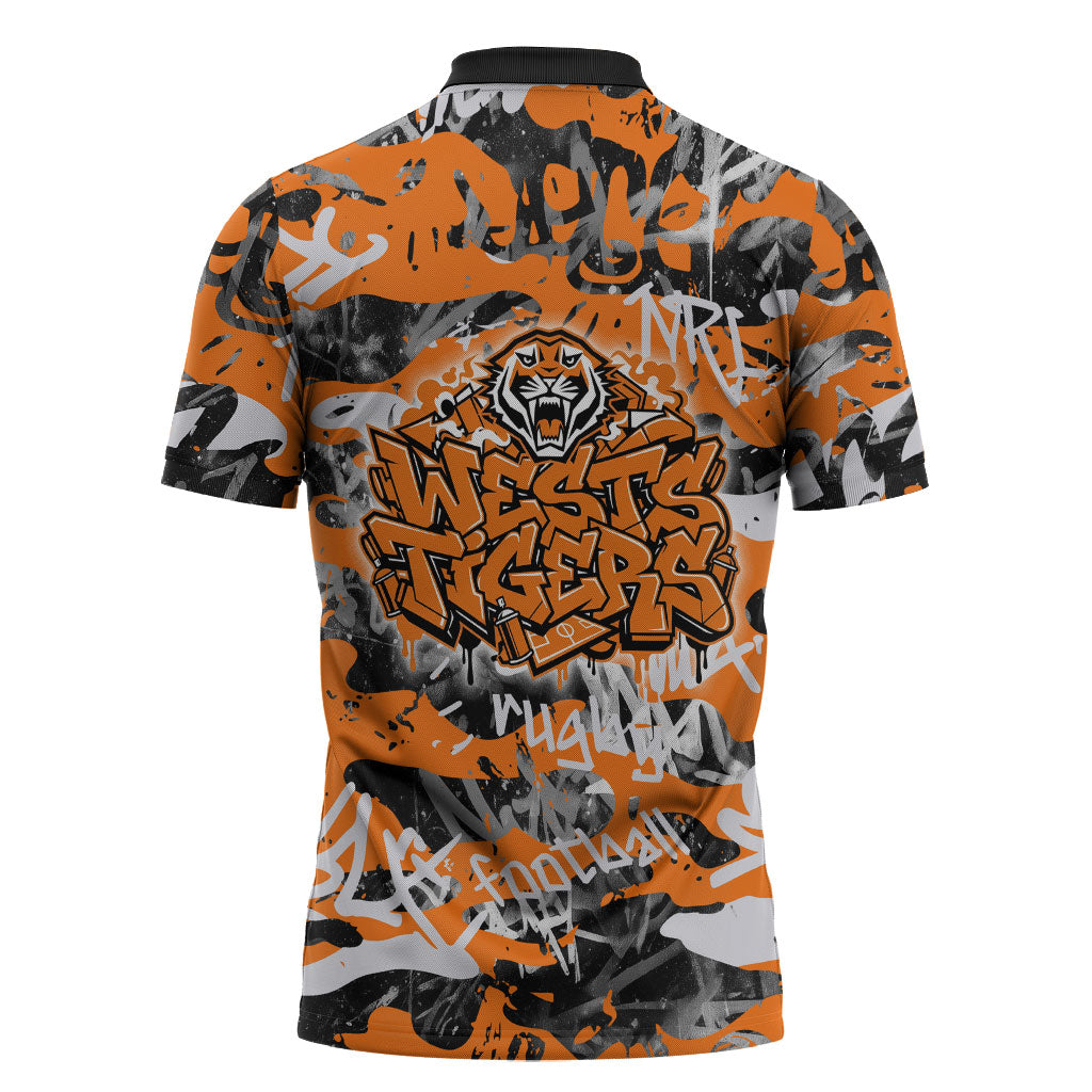 Wests Tigers Rugby Zipper Polo Shirt Graffiti Typography Urban Camo Abstract Street Style